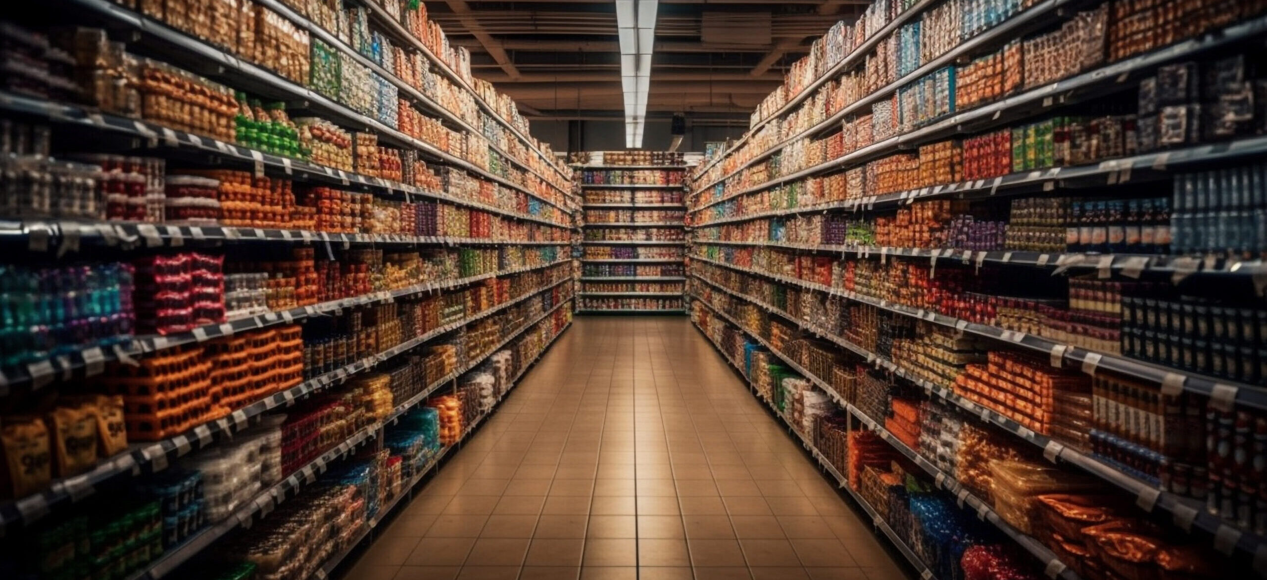 Abundance of healthy food choices in supermarket aisle generated by artificial intelligence